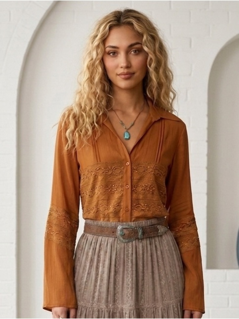 Vintage Boho Western Corset Lace Up Sheer Mesh Blouse Rust Med